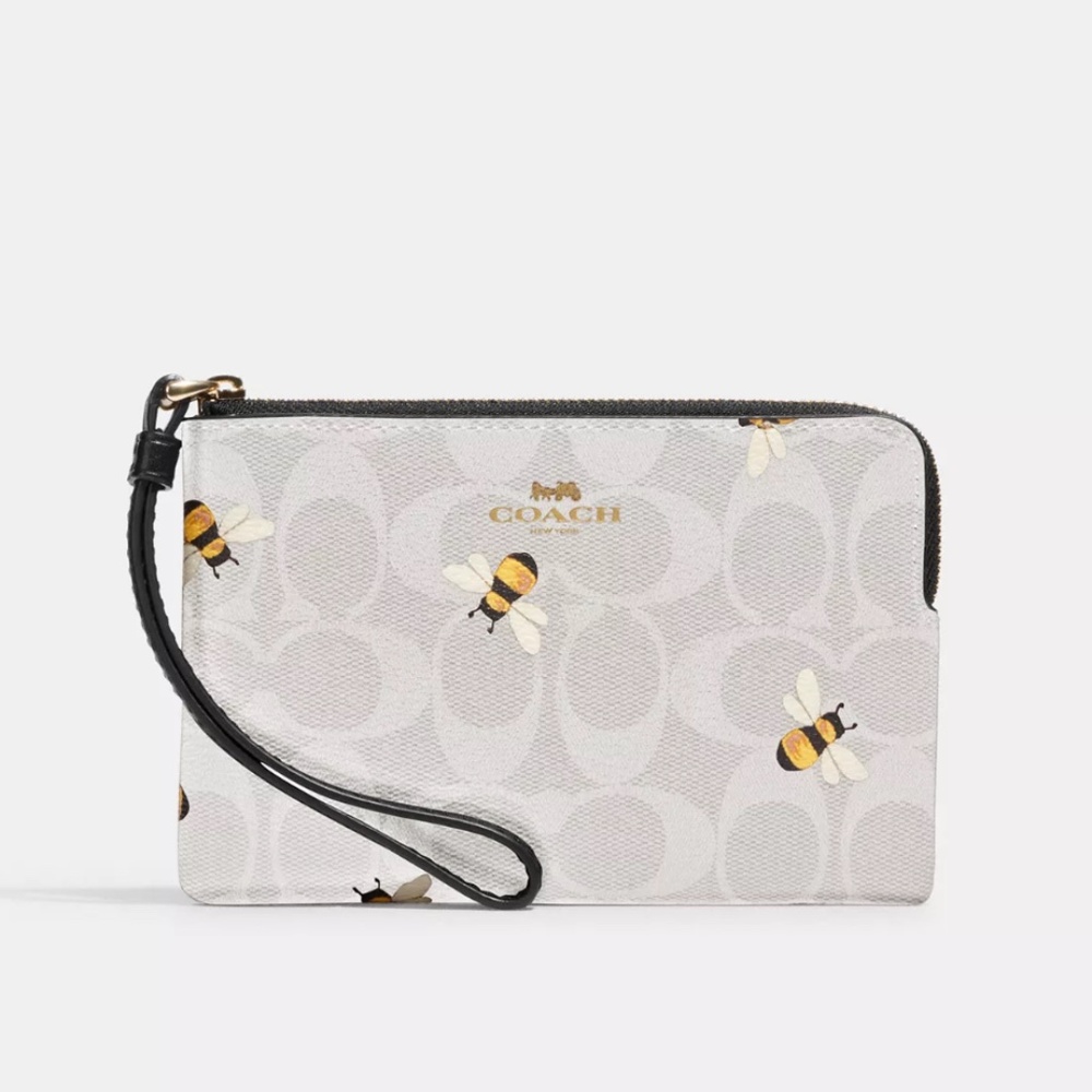 Coach Corner Zip Wristlet In Signature Canvas With Bee Print